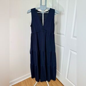 Max Studio London Navy Tiered Midi Dress | Surplice V-Neck | Side Ties | Pockets